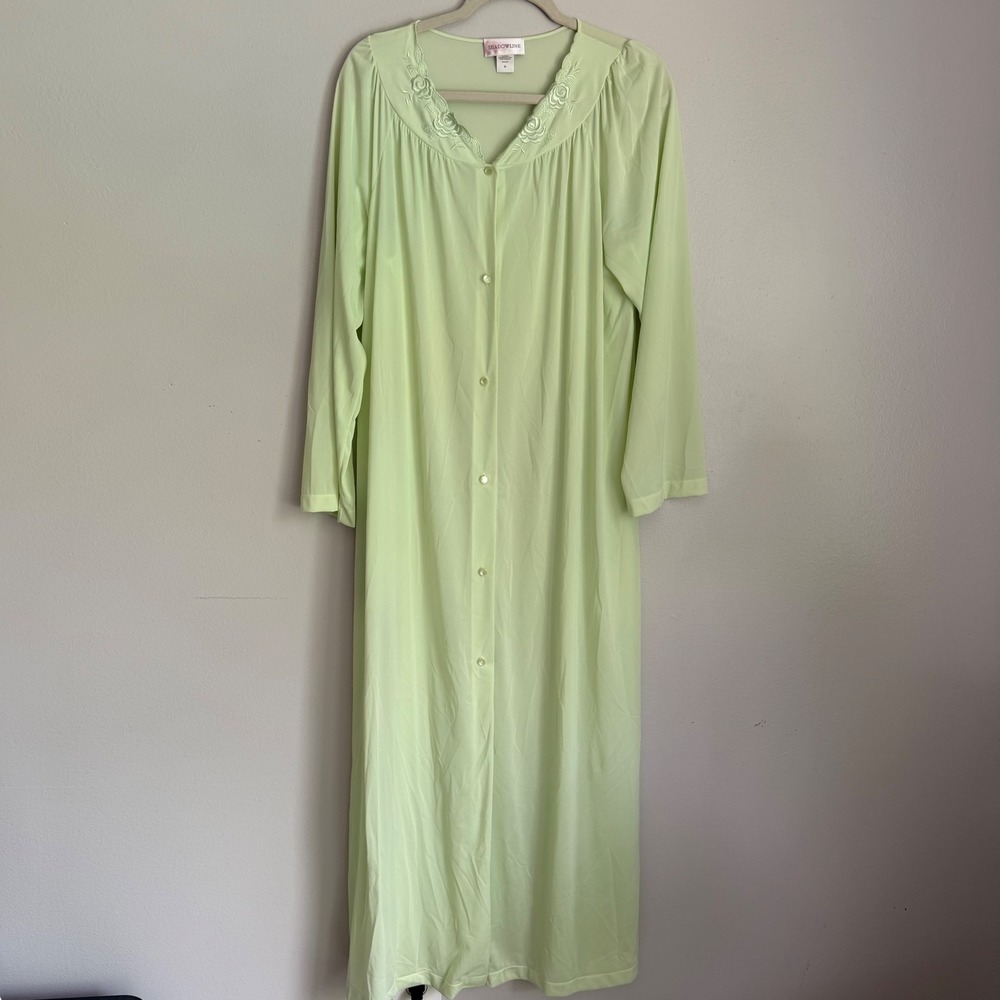 Vintage Nightgown Mumu Shadowline Green Long Sleeve Button Front‎ Embroidered M